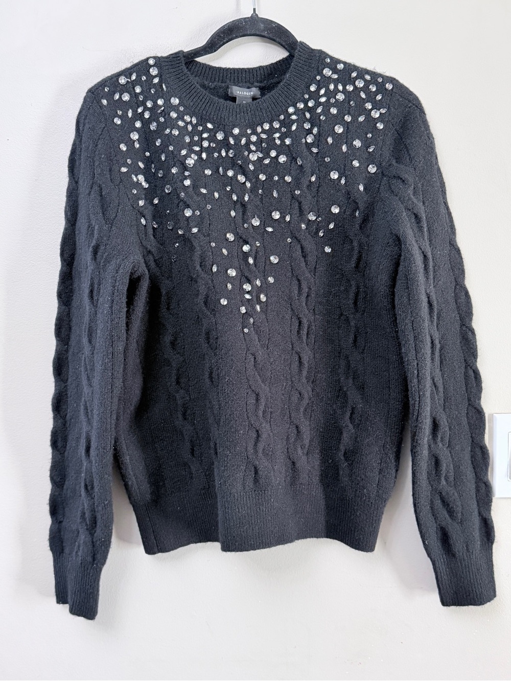Halogen Cable Knit Wool/Alpaca Sweater with Rhinestones Black Sz Medium